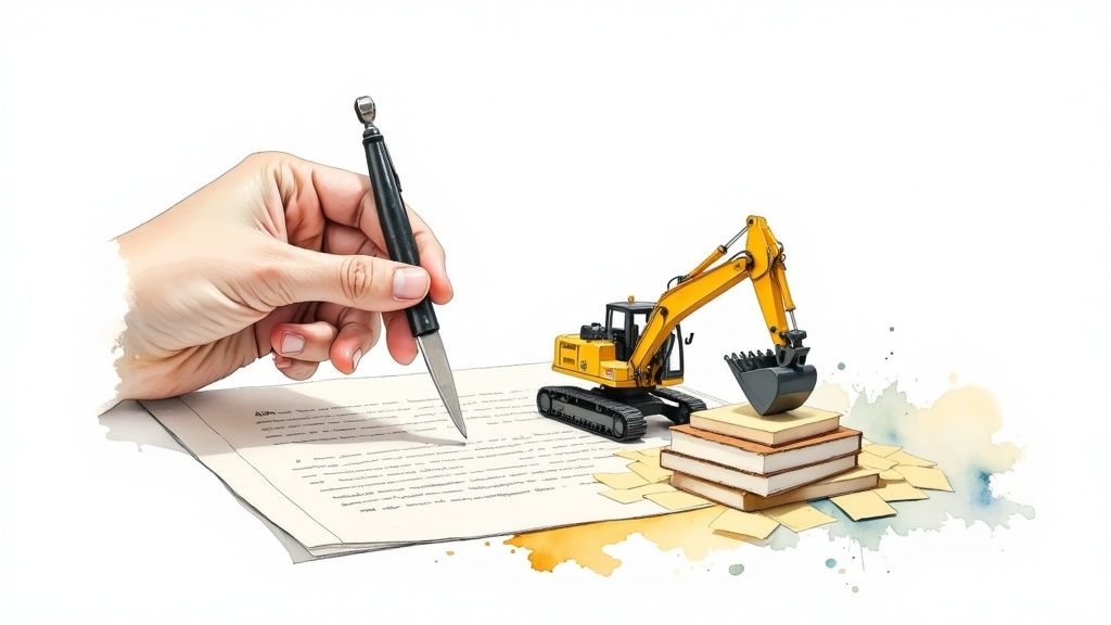 A hand writing on documents next to an excavator, a stack of books, and scattered papers.