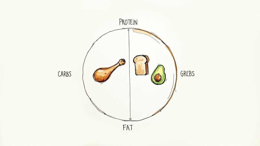 A healthy plate of food showing different macros like salmon, avocado, and vegetables.