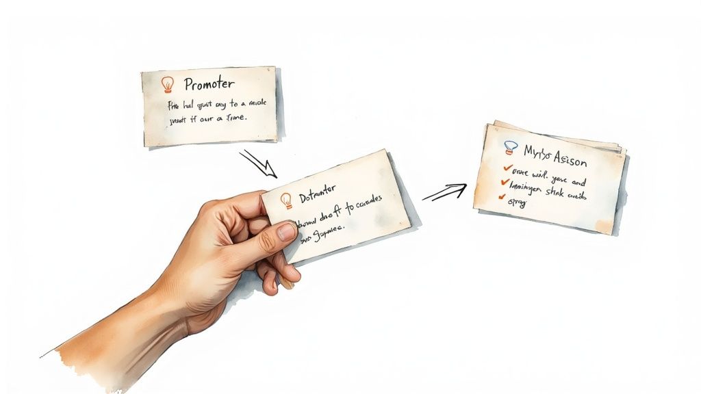 A hand holding a card labeled 'Detractor' in a diagram illustrating NPS categories.