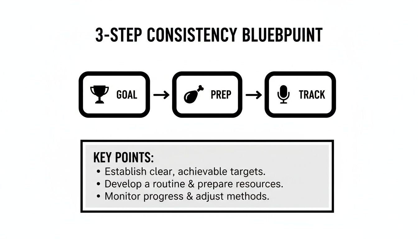 Diagram illustrating a 3-step consistency blueprint: Goal, Prep, and Track, with key points.