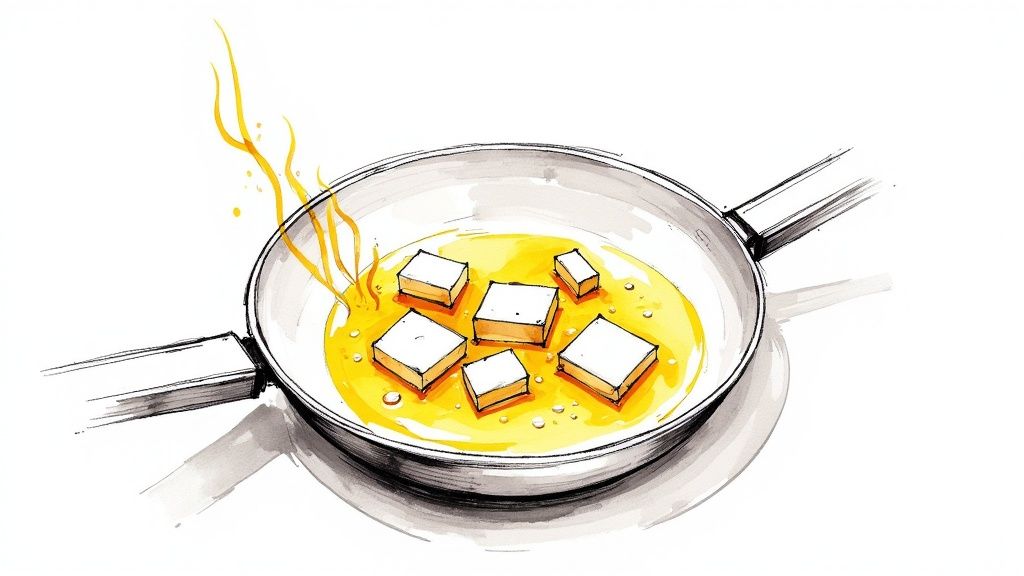 A bowl of crispy, golden-brown Paneer 65 garnished with fresh green chilies and curry leaves.