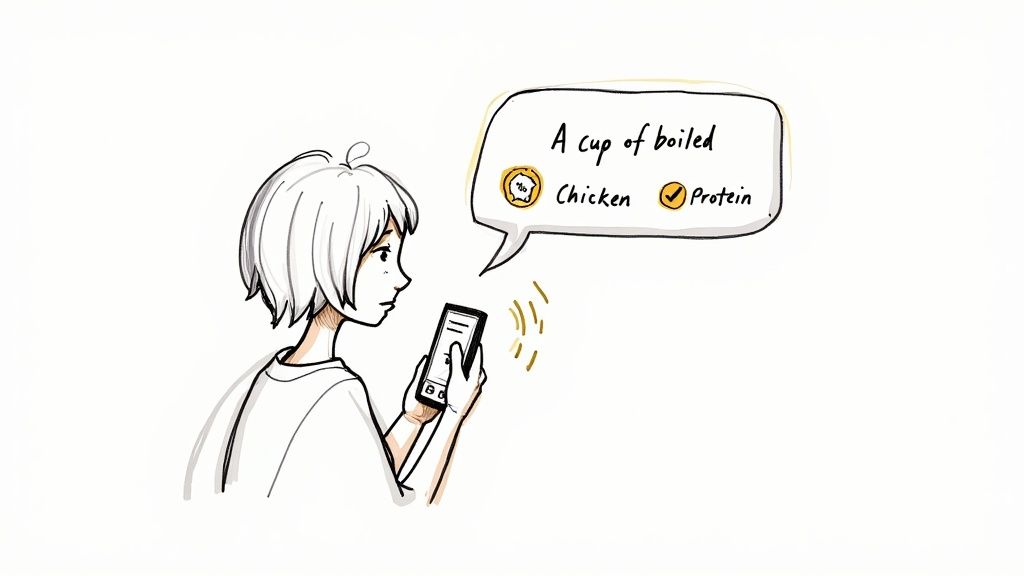 A person speaking into their phone to log a meal using an app.