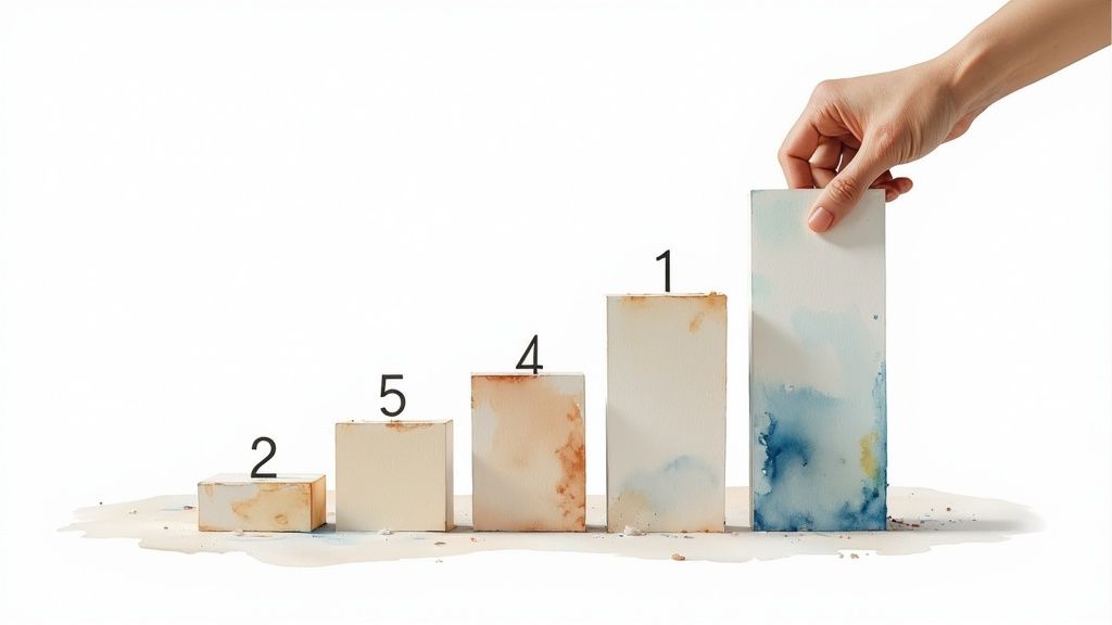 Hand placing numbered blocks in ascending order from two to one representing ordinal ranking scale