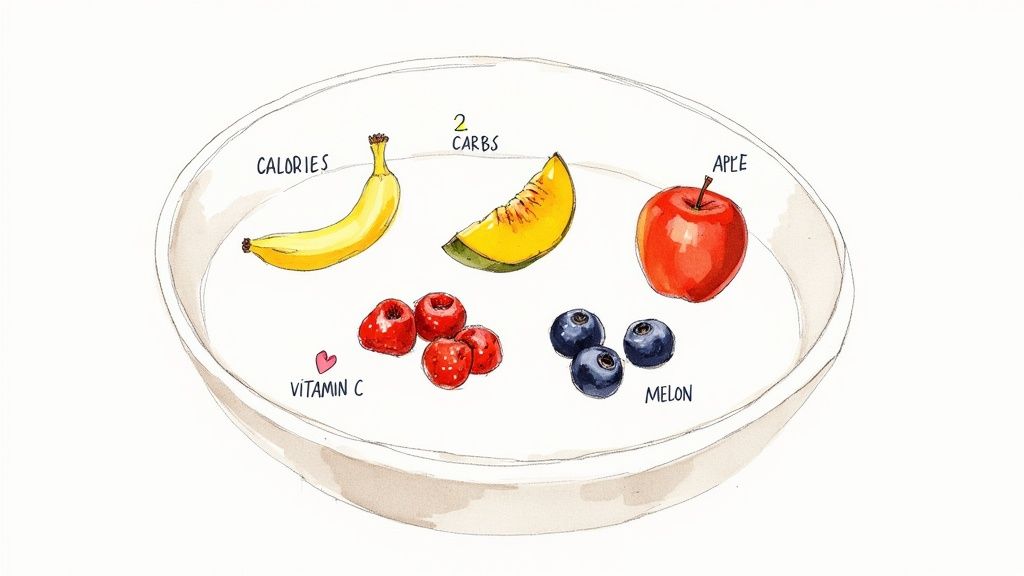 A vibrant and colorful fruit bowl filled with fresh berries, melon, and kiwi, sitting on a clean, modern kitchen counter.