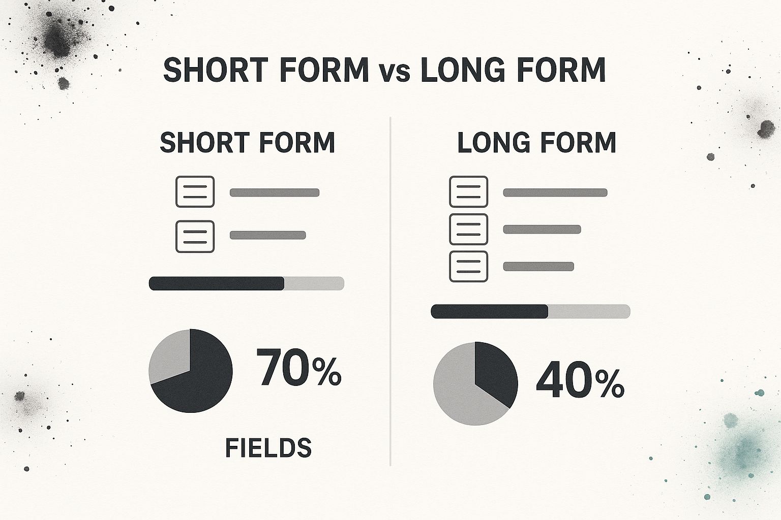 Infographic comparing a short form with 3 fields and a 70% completion rate to a long form with 7 fields and a 40% completion rate.