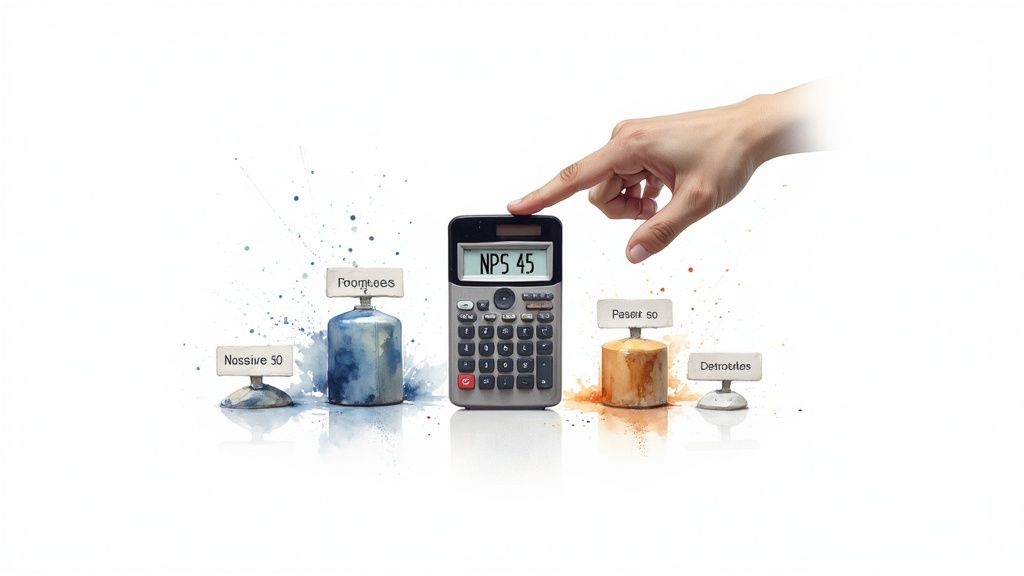 A hand points to a calculator displaying NPS 45, surrounded by watercolor weights representing categories.