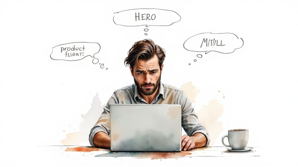Watercolor illustration of a bearded man deeply pondering ideas at his laptop with thought bubbles and a coffee cup.