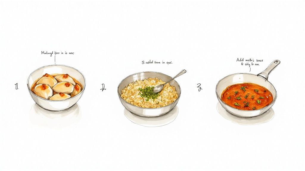 Three illustrated steps for a cooking recipe showing marinated food, a bowl of grain, and a pan of sauce with methi leaves.