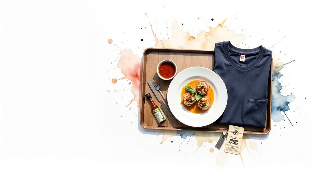 A flat lay overhead view of a wooden tray with stuffed mushrooms, hot sauce, and a blue t-shirt.
