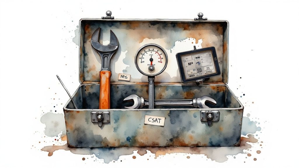 Three dashboard gauges labeled NPS, CES, and CSAT, each with a needle pointing to a different level.