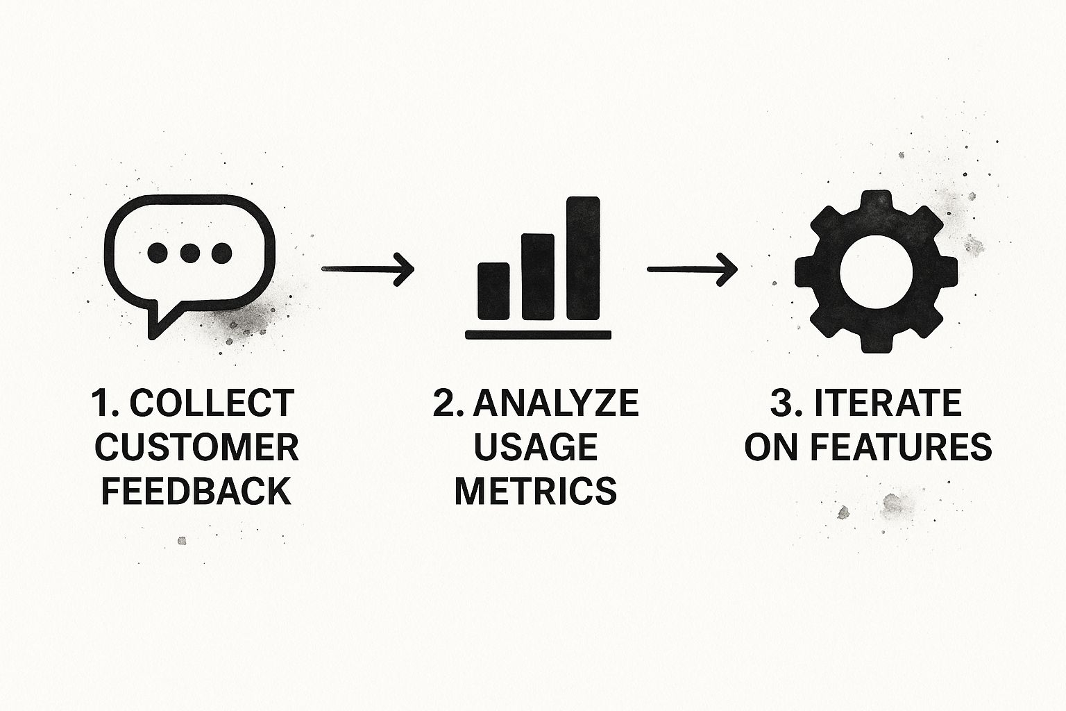 Infographic showing a process flow of collecting customer feedback, analyzing usage metrics, and iterating on features.