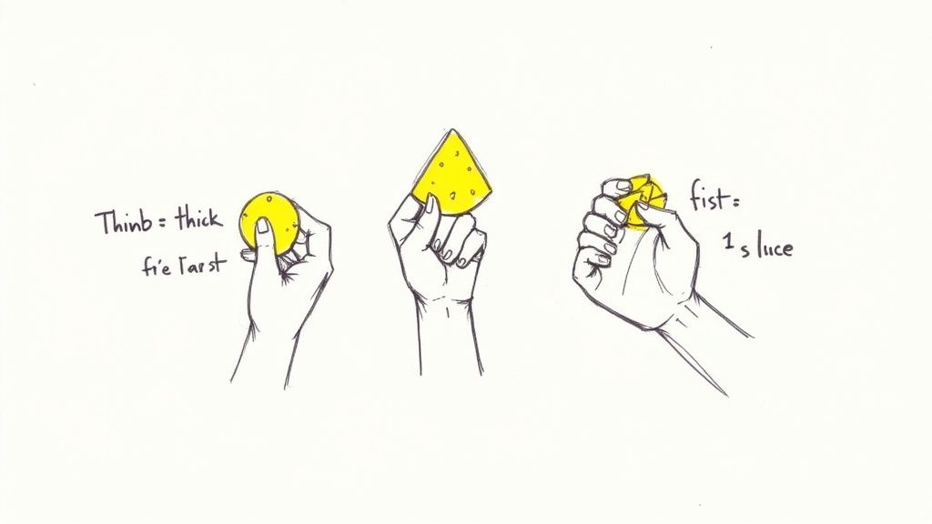Three hand-drawn illustrations demonstrating different forms and measurements of yellow food items, including 'thick' and 'slice'.