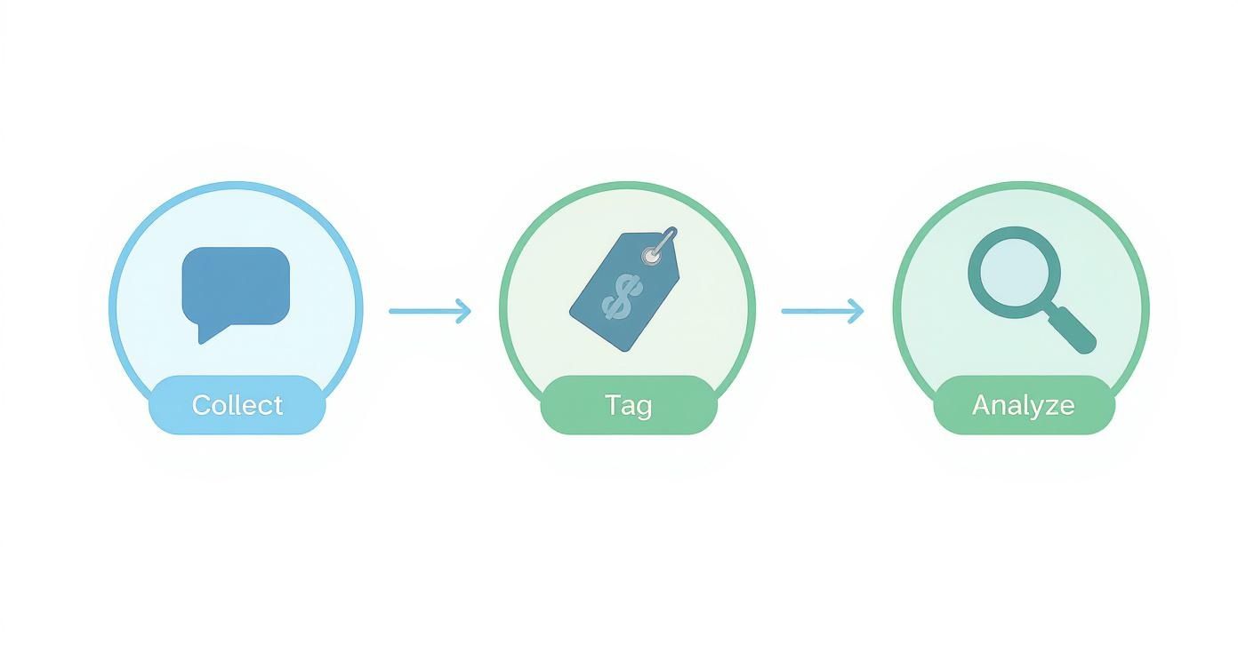 Diagram illustrating a three-step data process: collect, tag, and analyze with corresponding icons.