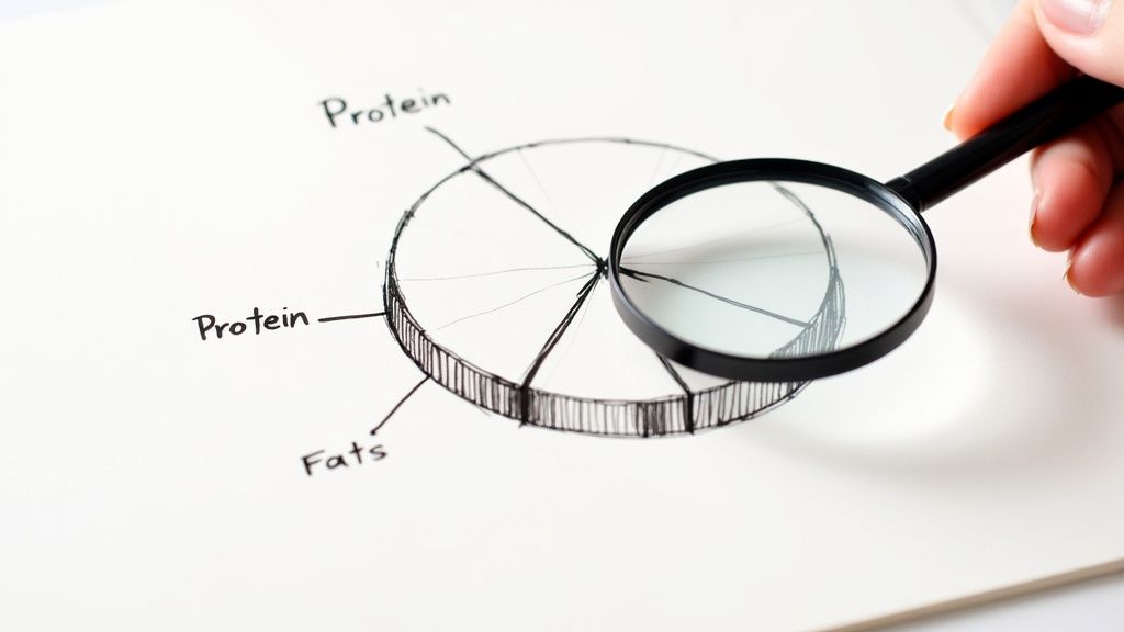 A hand holds a magnifying glass over a hand-drawn pie chart showing 'Protein' and 'Fats' sections.