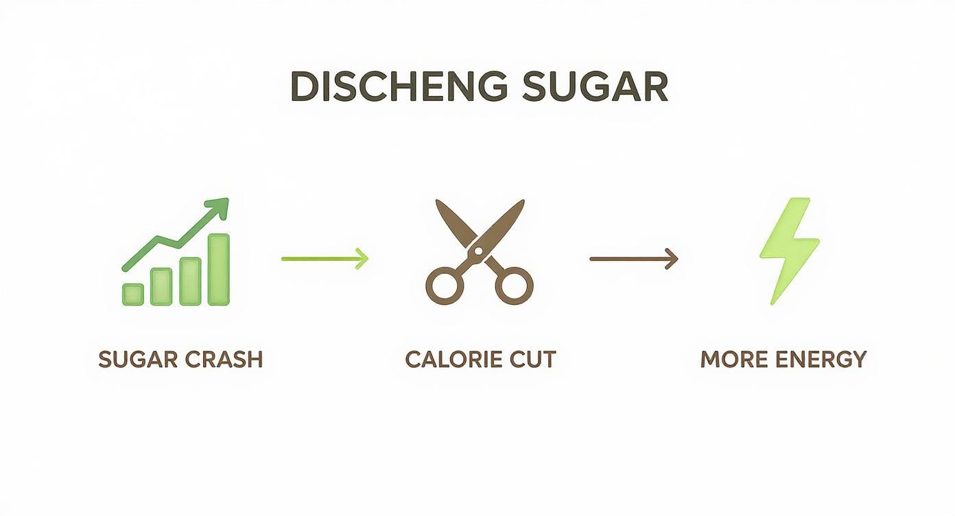 Infographic demonstrating how managing sugar crashes leads to calorie reduction and increased energy.