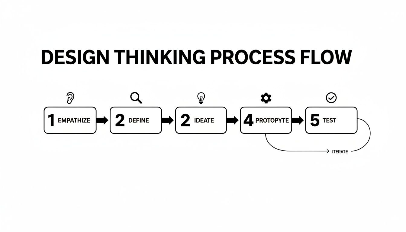 A flowchart illustrating the five steps of the design thinking process: Empathize, Define, Ideate, Prototype, Test, with an iteration loop.