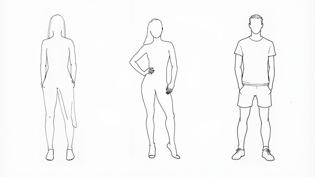 Three minimalist line drawings of human figures: two women and one man standing.