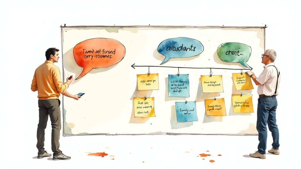 A person intensely analyzing sticky notes on a board, symbolizing the process of coding qualitative feedback.
