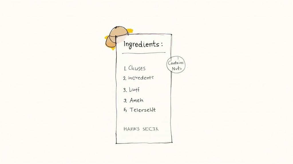 A whimsical, hand-drawn ingredients list with misspelled items and a "Contains Nuts" note.