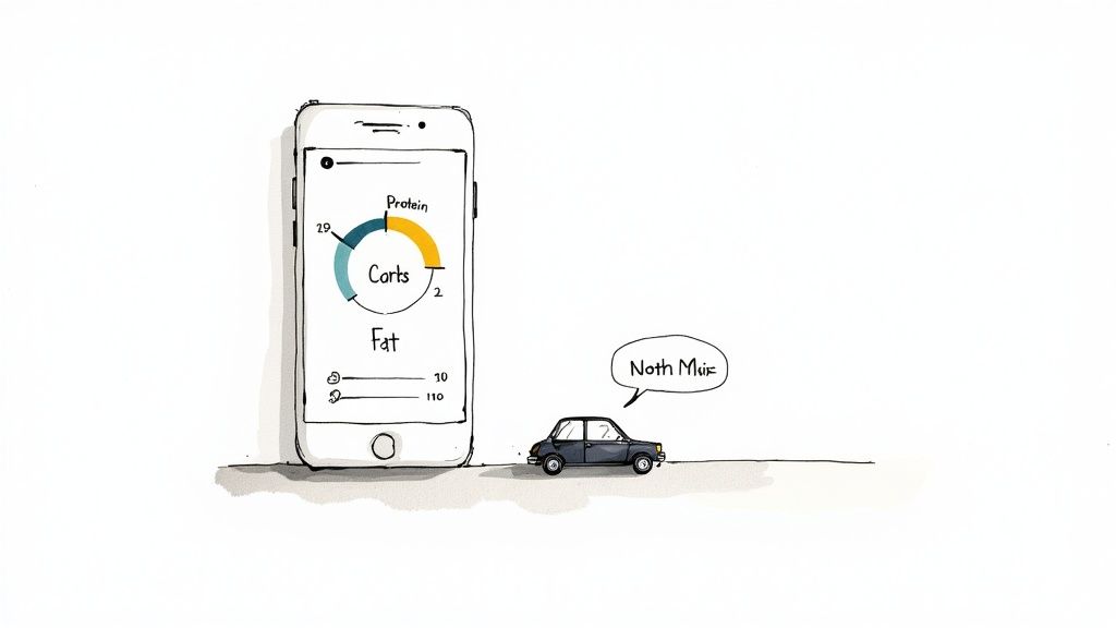 A person using a smartphone to track their meal, with icons for protein, carbs, and fat floating around the phone.