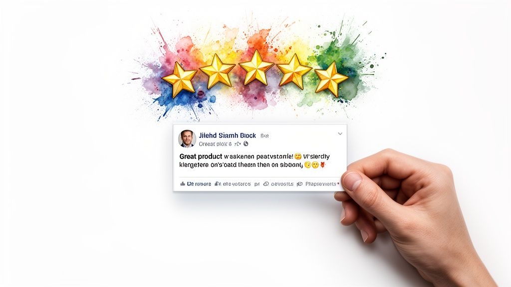 Five golden stars and a customer review card illustrate the voice of a satisfied customer.