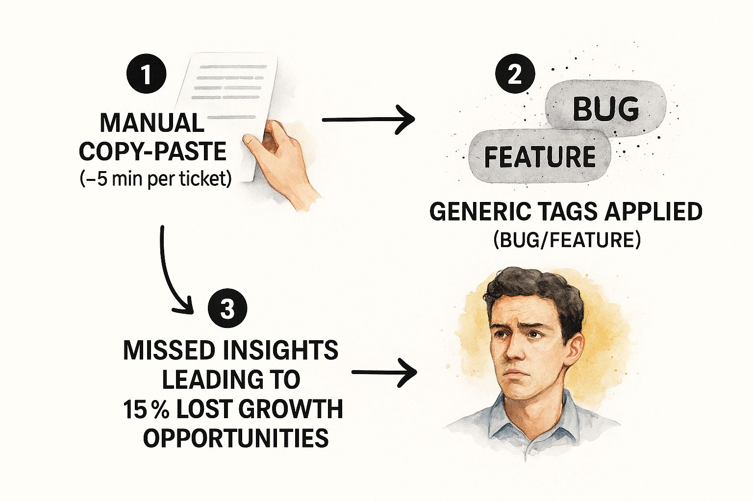 An infographic showing the flawed manual process of feedback analysis, from time-consuming data entry to missed growth opportunities.