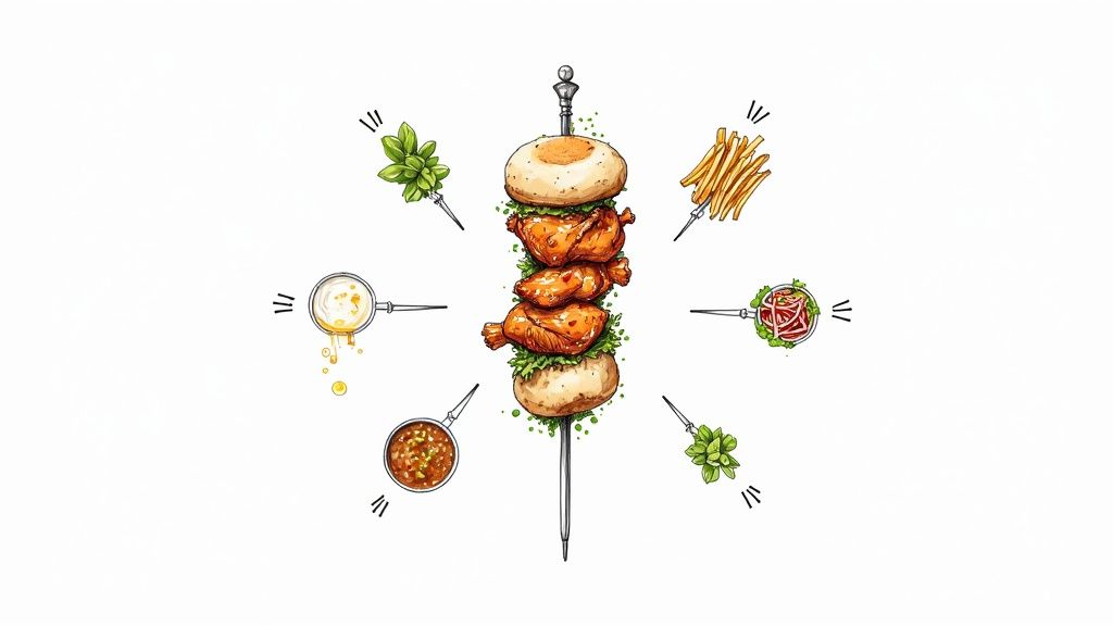 A variety of colorful toppings and sauces for kebabs arranged in bowls.