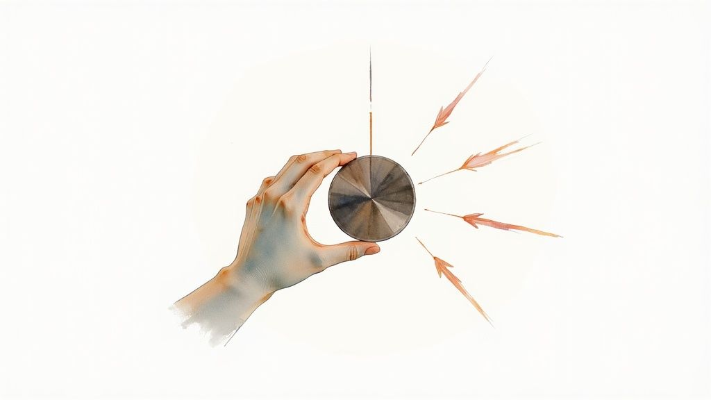A watercolor illustration of a hand holding a circular, faceted object with emanating lines and orange feather-like arrows.