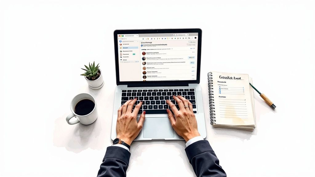 Professional working on laptop checking emails with coffee, plant, and consultation notes on white desk