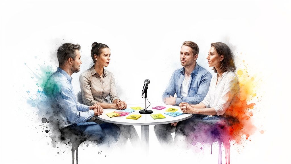 Four diverse people around a table with a microphone and colorful sticky notes in a watercolor style.
