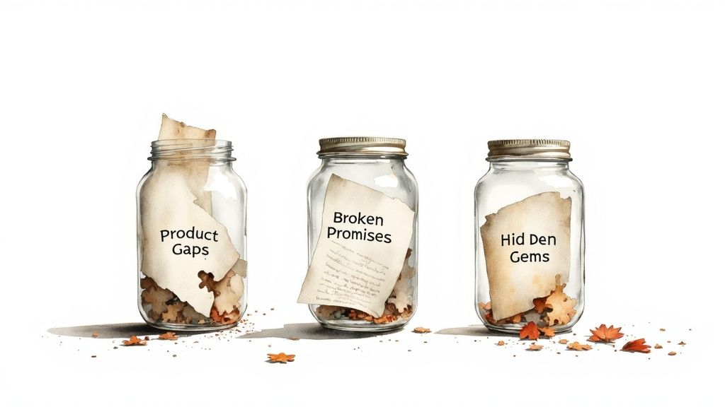 Three distinct buckets labeled "Product Gaps," "Broken Promises," and "Hidden Gems," with arrows of customer feedback flowing into them.