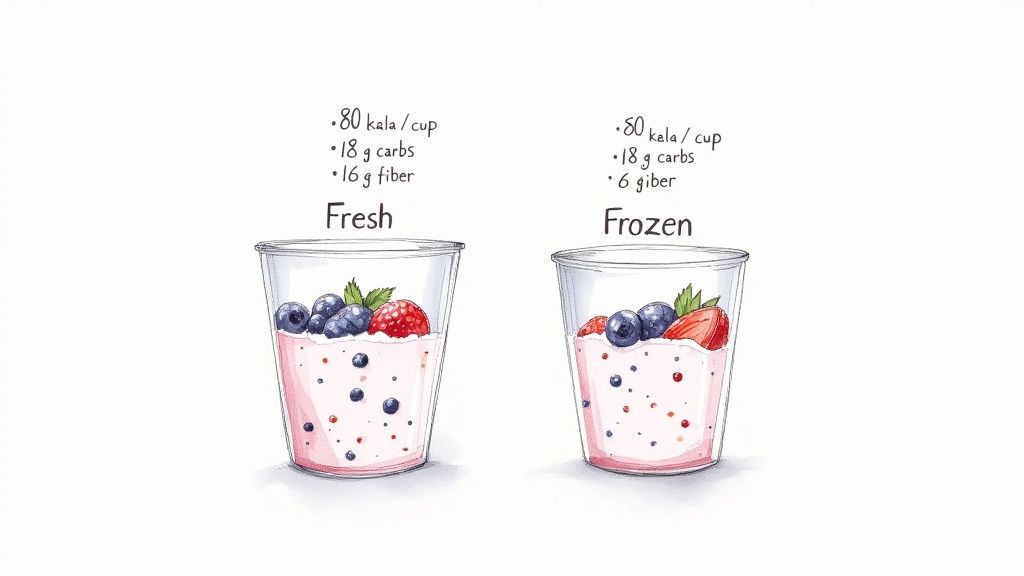 Two glasses of berry yogurt, comparing nutritional value of fresh (16g fiber) versus frozen (6g fiber) berries.