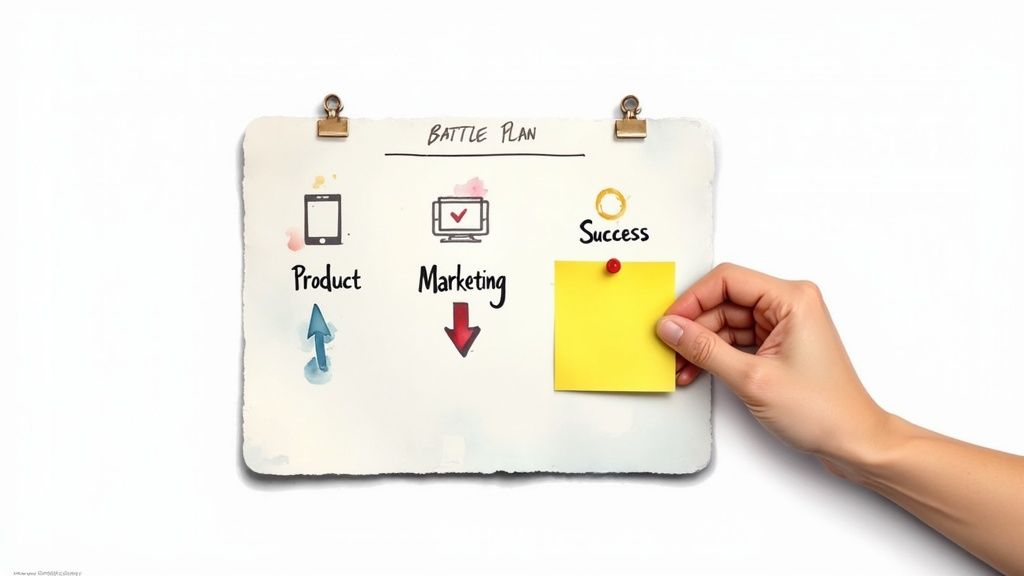 A group of people collaborating around a whiteboard with sticky notes, symbolizing strategic planning.