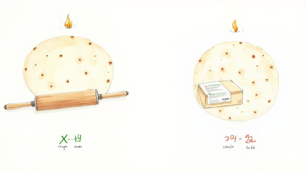 A stack of homemade chapatis next to a packaged, store-bought version.