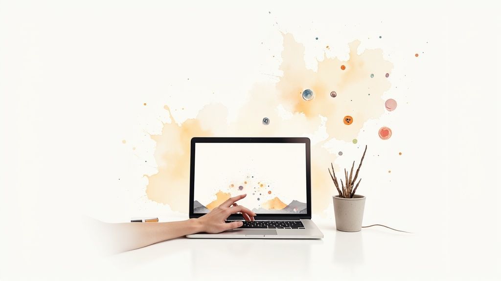 A hand typing on a laptop with creative watercolor art and floating elements in a minimalist workspace.