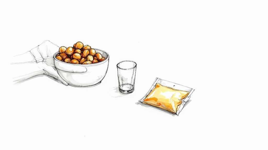 Sketch of a hand holding a bowl of nuts, next to an empty glass and a sauce packet.