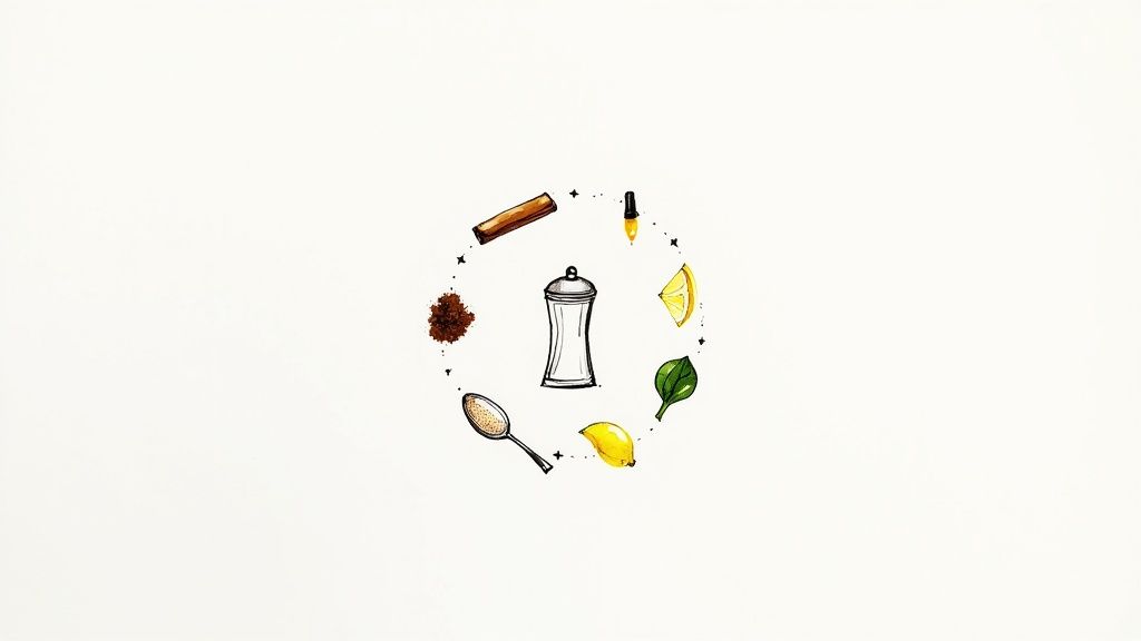 A person adding a dash of cinnamon to their whey protein shake.