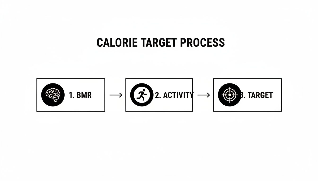 Flowchart illustrating the calorie target process: BMR -> Activity -> Target.