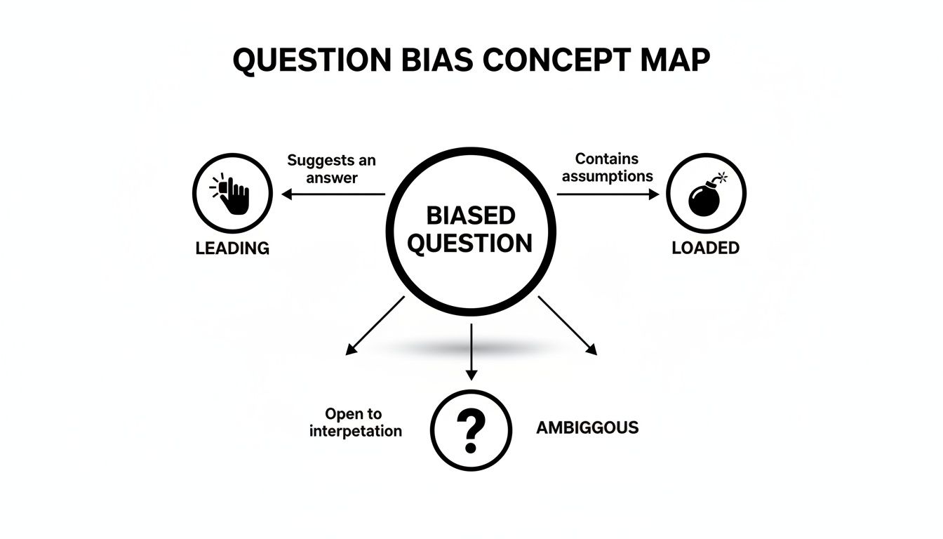 A concept map showing 'Biased Question' types: Leading, Loaded, and Ambiguous.