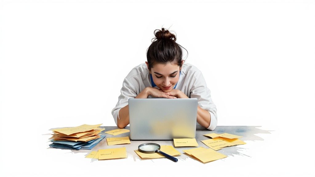 A focused woman looks at her laptop surrounded by notes and documents, engaged in work.