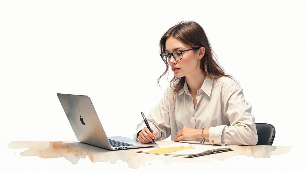 Professional woman wearing glasses writing notes while working on laptop at desk