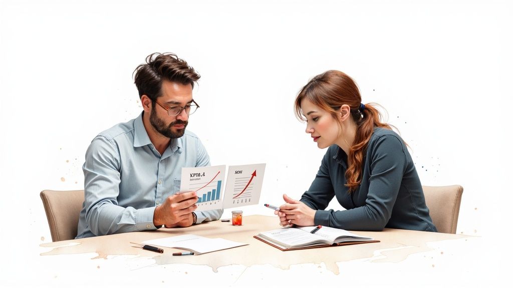 A man and a woman discuss business charts and notes at a table during a meeting.