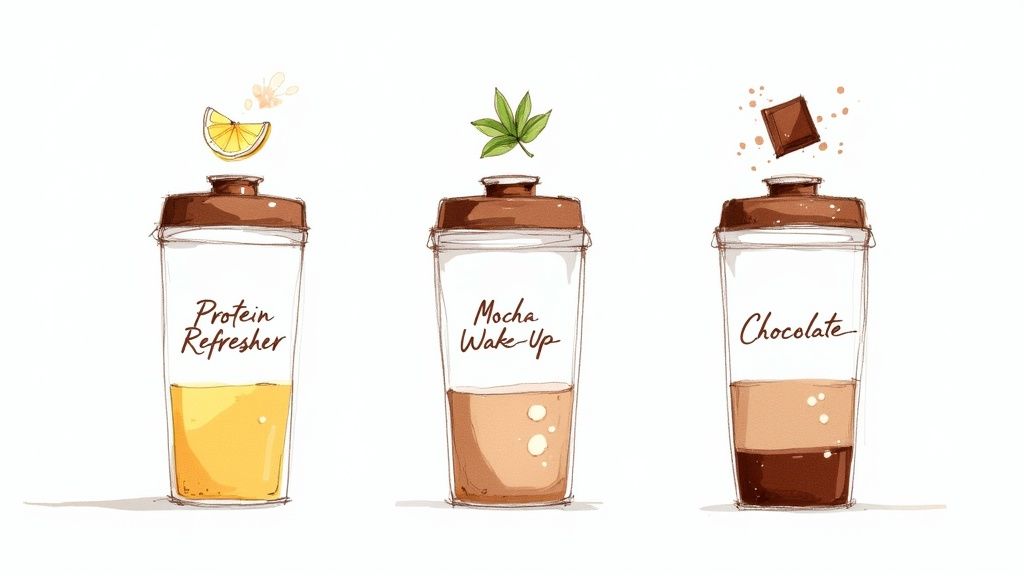 Three illustrated shaker bottles showcasing different protein drink flavors: lemon, mocha, and chocolate.