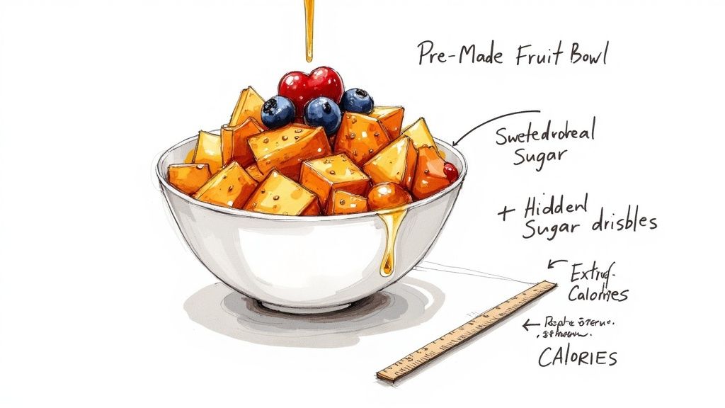 A pre-made fruit bowl from a cafe or store.