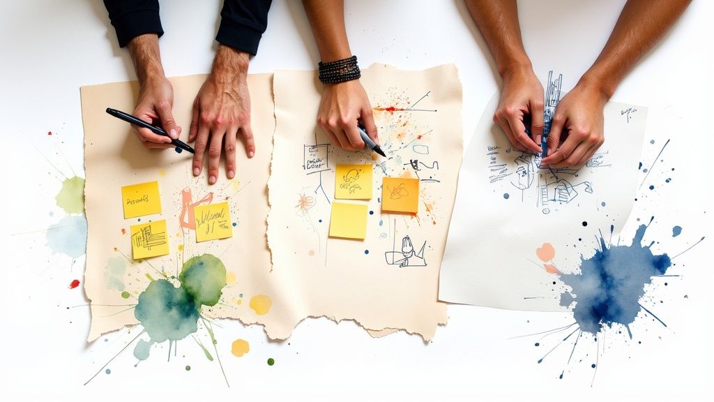 Three pairs of hands collaborating on design ideas with pens and sticky notes on creative papers.