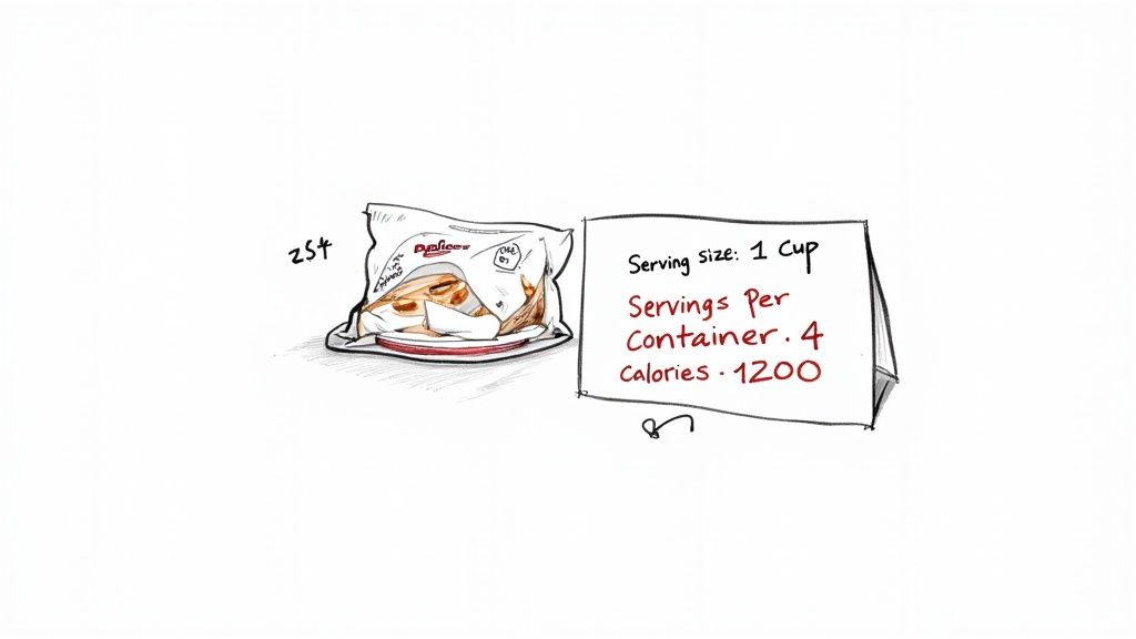 A package of DipSlices on a plate with a handwritten note detailing nutrition facts like serving size and calories.