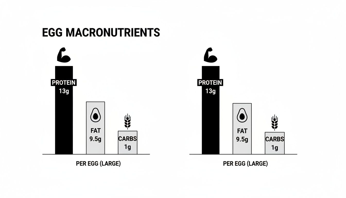 Bar chart illustrating the macronutrient breakdown per large egg: 13g protein, 9.5g fat, 1g carbs.