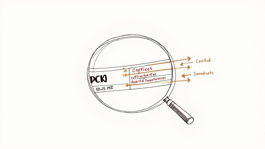 Magnifying glass examining protein powder label showing certified ingredients and sweeteners