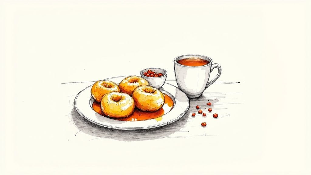 Three perfectly fried Mysore Bondas on a plate with a side of chutney.