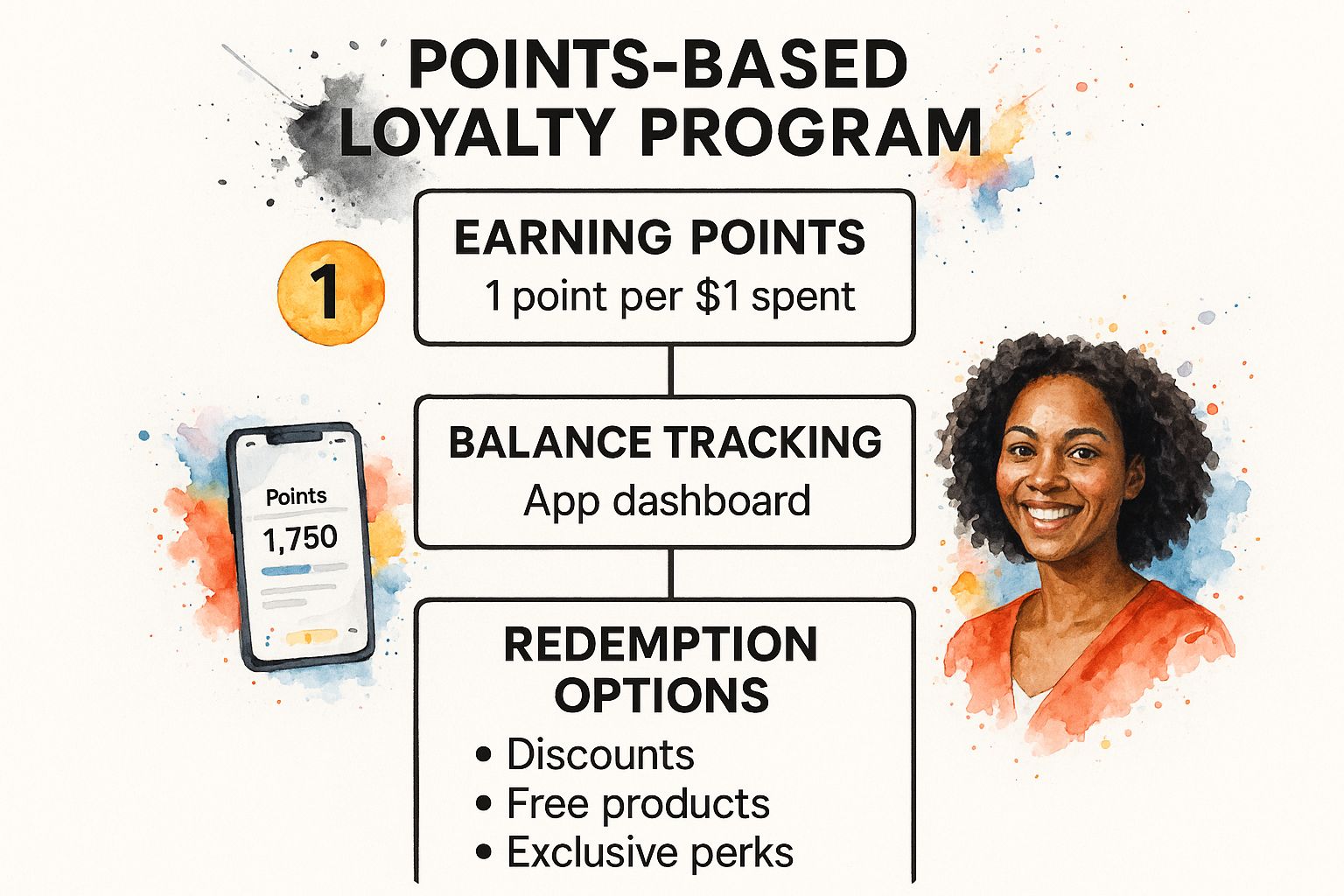 Infographic showing the hierarchy of a points-based loyalty program: Earning, Tracking, and Redeeming.